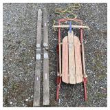 Vtg Yankee Wood Sled & Vtg Wood Skis Set -