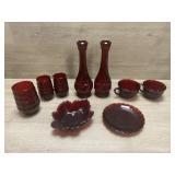 9PC Ruby Red Glassware Vases, Nut Dishes & More