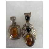 (2) Sterling and Amber Pendants