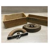 Vtg Advertising Crate Boxes & Sad Iron With Handle
