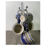 (5) Hand Made Polish Pottery Mugs / Cups On A