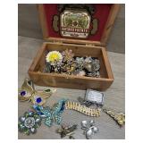 Wooden Cigar Box full of Brooches