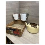 Enamelware Tea and Coffee in a wood Tomato box