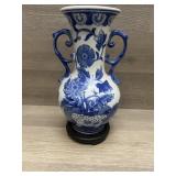 VTG Blue/White Porcelain Vase Floral Wood Base 10"