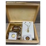 Jewelry; Pins and More in a wooden Trinket Box