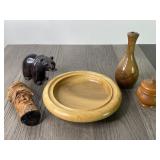 (5) Pc Wood Lot - Carved Wood Bear, Bowl, Spirit