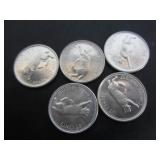 5 SILVER 1967 CANADA CENTENNIAL 25 CENT COINS