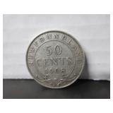 1908 .925 SILVER NEWFOUNDLAND 50 CENT COIN