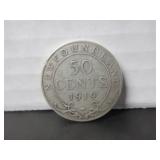 1919 .925 SILVER NEWFOUNDLAND 50 CENT COIN
