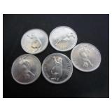 5 SILVER 1967 CANADA CENTENNIAL 25 CENT COINS