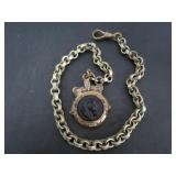 VTG.GOLD TONE BLACK INTAGLIO SEAL WATCH FOB/CHAIN