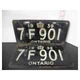 PAIR 1939 ONTARIO LICENSE PLATES