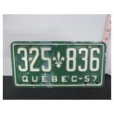 1957 QUEBEC LICENSE PLATE