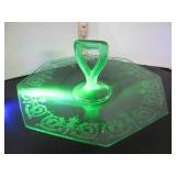 VINTAGE URANIUM GLASS HANDLED DESSERT PLATE