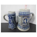 2 GERMAN STONEWARE SALT GLAZE STEINS COLBALT BLUE