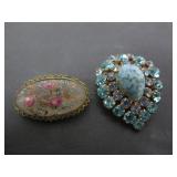VINTAGE FAUX TURQUOISE ART GLASS BROACH & PIN