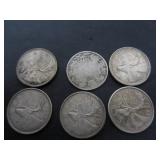6 SILVER CANADA 25 CENT COINS