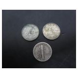 1942 SILVER US DIME & 2 SILVER CDN 10 CENT COINS