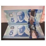 2 CONSECUTIVE NUMBERED UNC/GEM 2013 $5 BANK NOTES