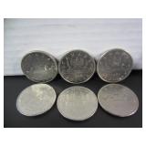 6 OLD CANADA ONE DOLLAR COINS
