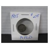 SILVER 1905 NFLD 5 CENT COIN