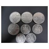 8 OLD CANADA ONE DOLLAR-50 CENT COINS