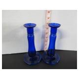 PAIR OLD COBALT BLUE GLASS CANDLE HOLDERS