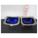 2 COBALT GLASS SILVER PLATE SALT CELLARS-DISHES