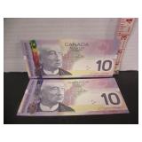 2 CONSECUTIVE SERIAL NUMBERED CDN $10 BANK NOTES