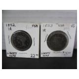 1852 & 1853 US LIBERTY HEAD ONE CENT COINS