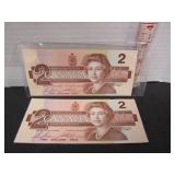 2-1986 UNC CONSECUTIVE NUMBERED CDN $2 BANK NOTES