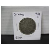 SILVER 1936 A GERMANY 5 REICHSMARK COIN