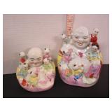 2-FAMILLE ROSE LAUGHING BUDDHA FIGURINES