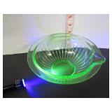 URANIUM GLASS RIBBED BATTER BOWL WITH SPOUT