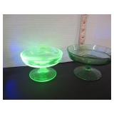2 URANIUM GLASS PEDESTAL CANDY DISHES