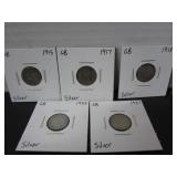 5-SILVER GB 3 PENCE COINS