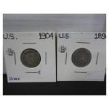 2 SILVER US ONE DIME COINS 1809 & 1904