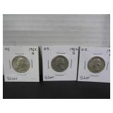 3 SILVER US QUARTER DOLLAR COINS 1960D,1962D,1964D