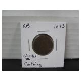 EARLY 1673 GB CHARLES II FARTHING