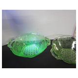 2 URANIUM GLASS SERVING BOWLS WITH HANDLES