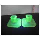 FROSTED PAIR URANIUM GLASS CANDLE HOLDERS