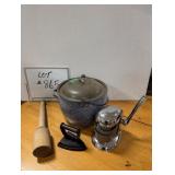 Agateware Pot, Masher, Juice-O-Mat, Sad Iron