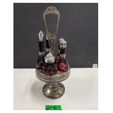 Vintage Ruby Red Etched Glass Castor Set