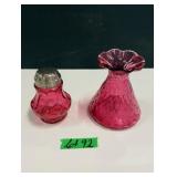 Cranberry Glass Vase & Suger Shaker