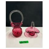(2) Cranberry Glass Baskets
