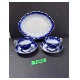 Flow Blue Platter & 2 Cups and Saucers