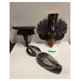 (2) Carved Masks (1) Elephant Wall Shelf