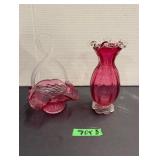 (2) Cranberry Glass Vase & Basket