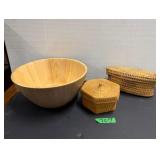 Wooden Bowl & (2) Baskets