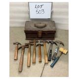 Wooden Tool Box & (9) Hammers